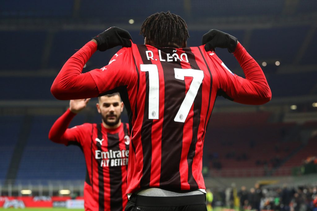 MILAN, ITALY - JANUARY 17: Rafael Leao of AC Milan celebrates after scoring the opening goal during the Serie A match between AC Milan and Spezia Calcio at Stadio Giuseppe Meazza on January 17, 2022 in Milan, Italy. (Photo by Marco Luzzani/Getty Images)