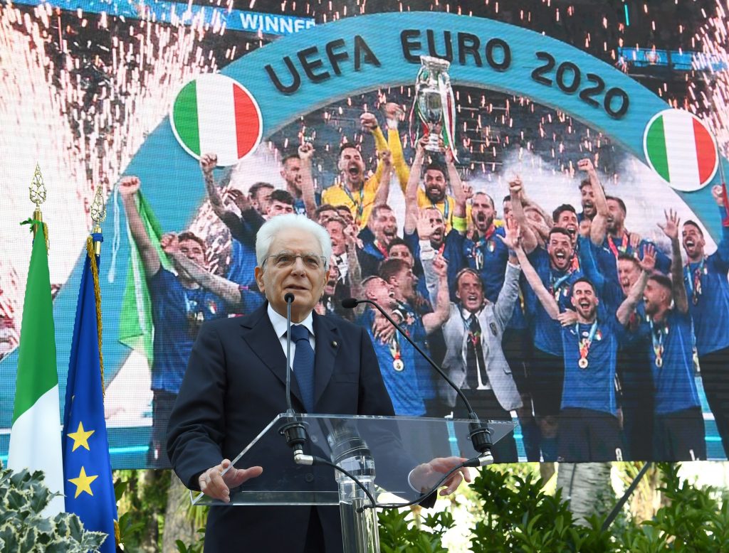 ROME, ITALY - JULY 12: President Sergio Mattarella delivers a speech during the meeting between President of Italy Sergio Mattarella and the Italian national football team after their July 11 win against England in the Euro 2020 championship finals on July 12, 2021 in Rome, Italy. (Photo by Claudio Villa/Getty Images)
