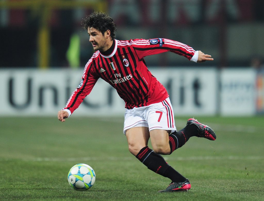 MILAN, ITALY - FEBRUARY 15: Pato of AC Milan in action during the UEFA Champions League round of 16 first leg match between AC Milan and Arsenal at Stadio Giuseppe Meazza on February 15, 2012 in Milan, Italy. (Photo by Shaun Botterill/Getty Images)