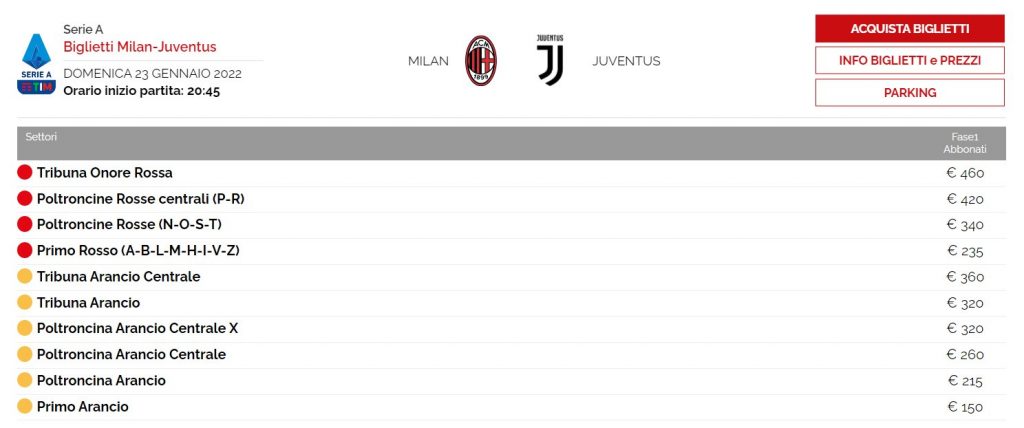 Prezzi biglietti Milan-Juventus