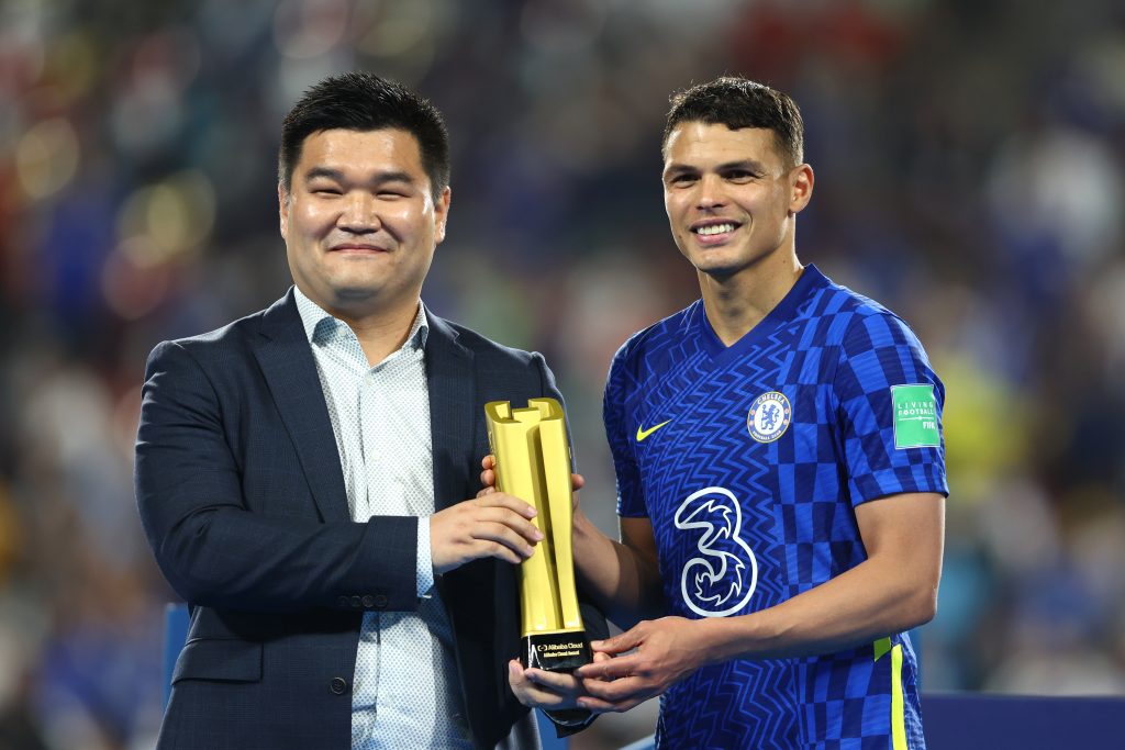 ABU DHABI, UNITED ARAB EMIRATES - FEBRUARY 12: Thiago Silva of Chelsea is presented with the Alibaba Cloud Award after their sides victory during the FIFA Club World Cup UAE 2021 Final match between Chelsea and Palmeiras at Mohammed Bin Zayed Stadium on February 12, 2022 in Abu Dhabi, United Arab Emirates. (Photo by Francois Nel/Getty Images)