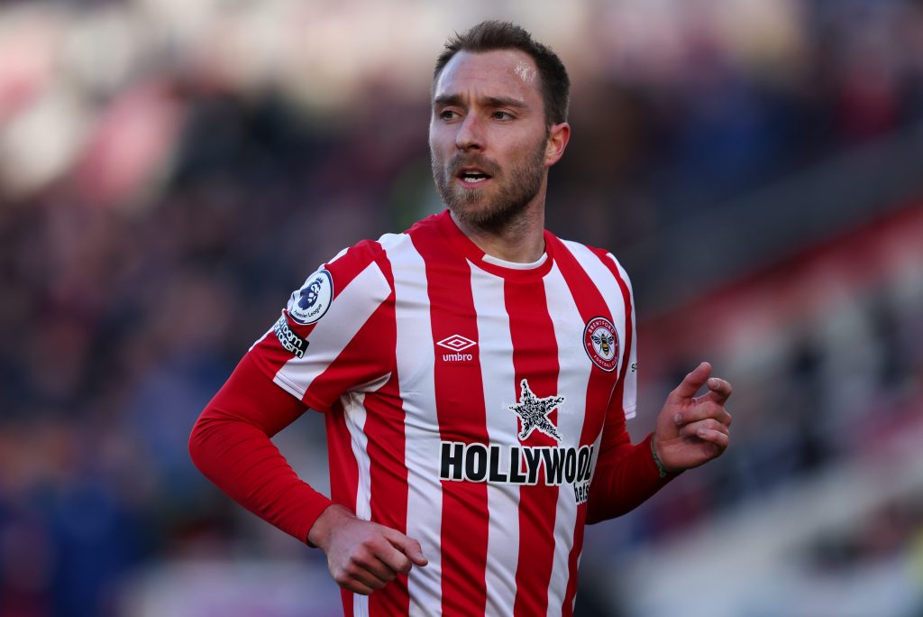 BRENTFORD, ENGLAND - FEBRUARY 26: Christian Eriksen of Brentford looks on during the Premier League match between Brentford and Newcastle United at Brentford Community Stadium on February 26, 2022 in Brentford, England. (Photo by Marc Atkins/Getty Images)
