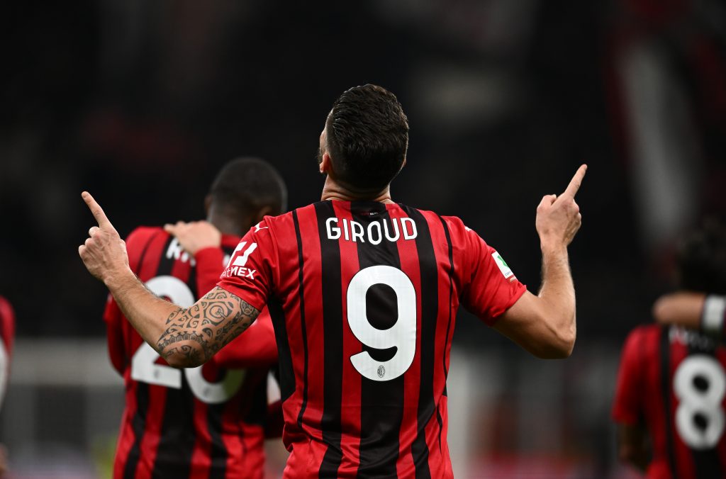 MILAN, ITALY - FEBRUARY 09: Olivier Giroud of AC Milan celebrates after scoring the goal during the Coppa Italia match between AC Milan ac SS Lazio at Stadio Giuseppe Meazza on February 09, 2022 in Milan, Italy. (Photo by Claudio Villa/AC Milan via Getty Images)