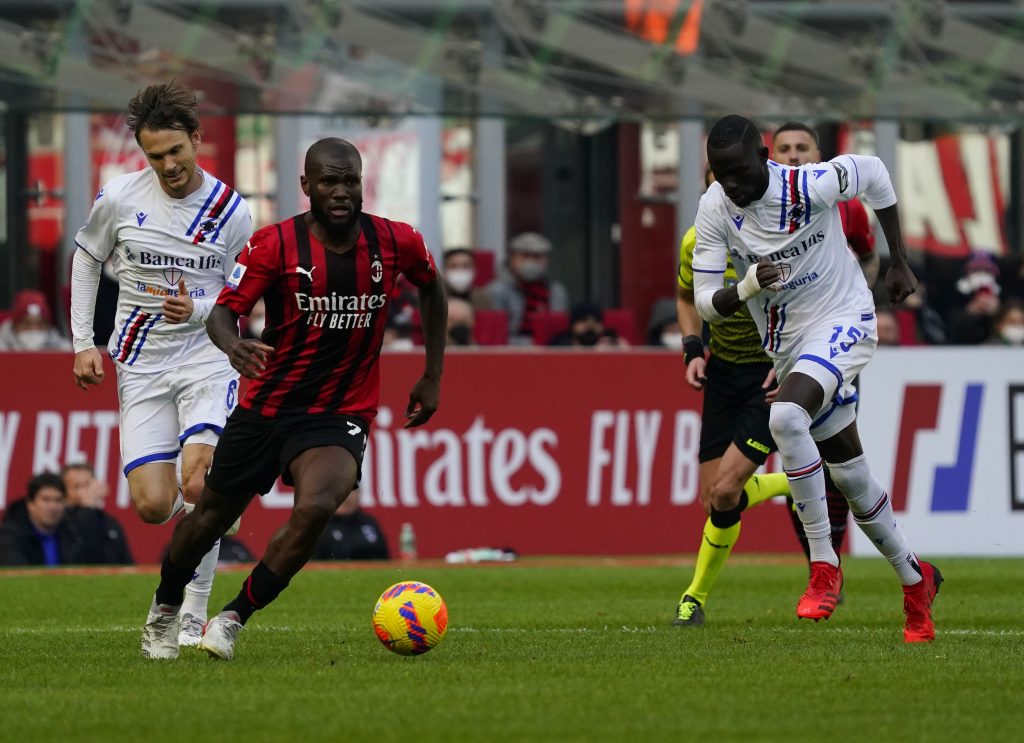 MILAN, ITALY - FEBRUARY 13: Franck Kessie of AC Milan looks on during the Serie A match between AC Milan and UC Sampdoria at Stadio Giuseppe Meazza on February 13, 2022 in Milan, Italy. (Photo by Pier Marco Tacca/AC Milan via Getty Images)