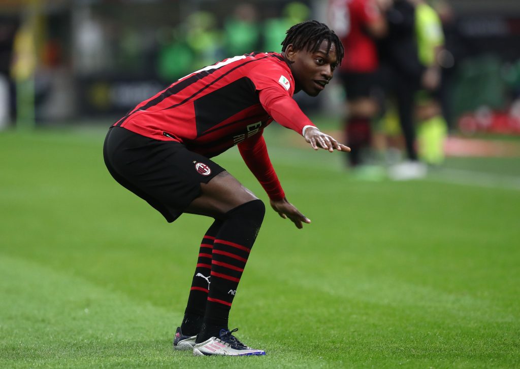 MILAN, ITALY - FEBRUARY 09: Rafael Leao of AC Milan celebrates after scoring the opening goal during the Coppa Italia match between AC Milan ac SS Lazio at Stadio Giuseppe Meazza on February 09, 2022 in Milan, Italy. (Photo by Marco Luzzani/Getty Images)