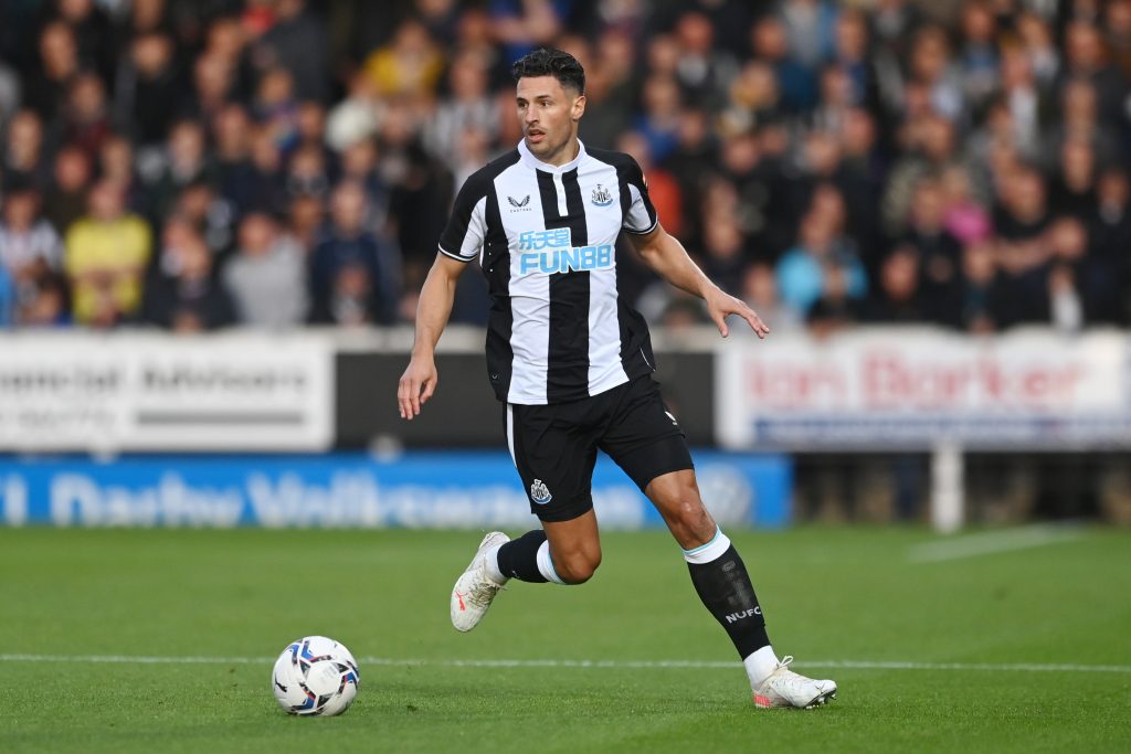 BURTON-UPON-TRENT, ENGLAND - JULY 30: Fabian Schar of Newcastle in action during the pre-season friendly between Burton Albion and Newcastle United at the Pirelli Stadium on July 30, 2021 in Burton-upon-Trent, England. (Photo by Michael Regan/Getty Images)