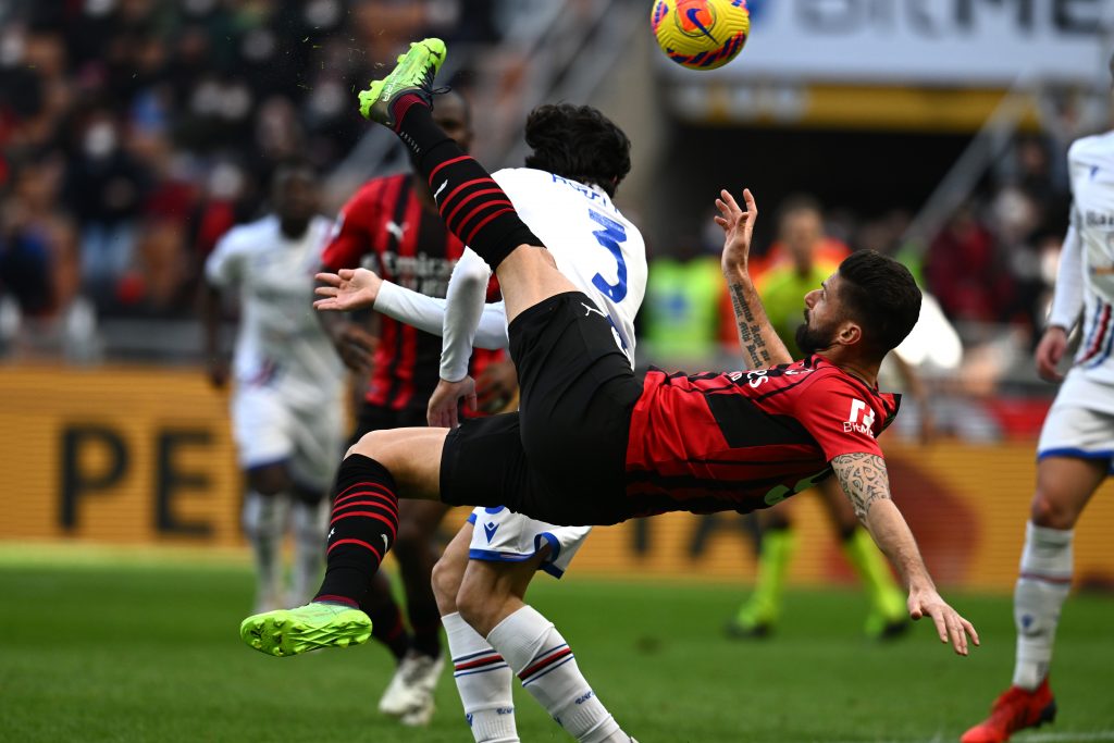 MILAN, ITALY - FEBRUARY 13: Olivier Giroud of AC Milan in action during the Serie A match between AC Milan and UC Sampdoria at Stadio Giuseppe Meazza on February 13, 2022 in Milan, Italy. (Photo by Claudio Villa/AC Milan via Getty Images)