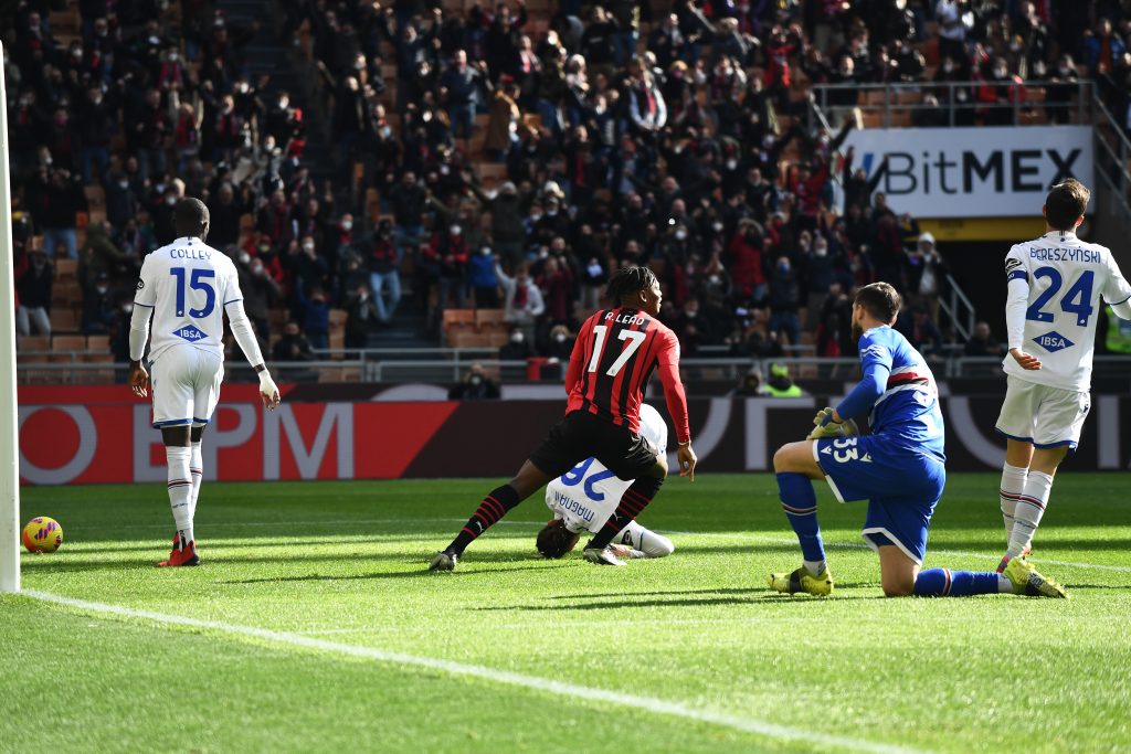 MILAN, ITALY - FEBRUARY 13: Rafael Leao of AC Milan scores the opening goal during the Serie A match between AC Milan and UC Sampdoria at Stadio Giuseppe Meazza on February 13, 2022 in Milan, Italy. (Photo by Claudio Villa/AC Milan via Getty Images)