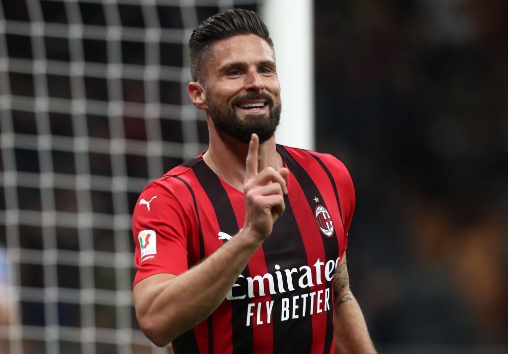 MILAN, ITALY - FEBRUARY 09: Olivier Giroud of AC Milan celebrates his goal during the Coppa Italia match between AC Milan ac SS Lazio at Stadio Giuseppe Meazza on February 09, 2022 in Milan, Italy. (Photo by Marco Luzzani/Getty Images)