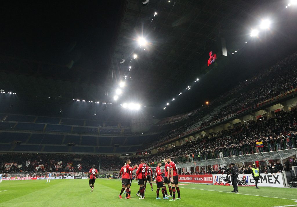 MILAN, ITALY - FEBRUARY 09: Olivier Giroud of AC Milan celebrates his second goal with his team-mates during the Coppa Italia match between AC Milan ac SS Lazio at Stadio Giuseppe Meazza on February 09, 2022 in Milan, Italy. (Photo by Marco Luzzani/Getty Images)