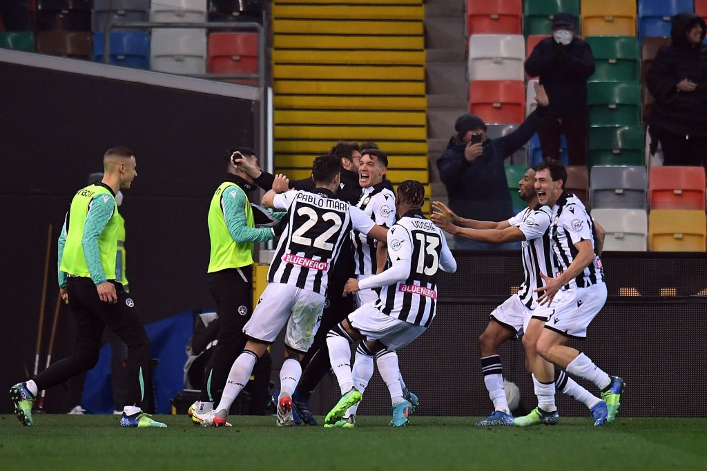 UDINE, ITALY - FEBRUARY 06: Nahuel Molina of Udinese Calcio celebrates after scoring the opening goal during the Serie A match between Udinese Calcio and Torino FC at Dacia Arena on February 06, 2022 in Udine, Italy. (Photo by Alessandro Sabattini/Getty Images)