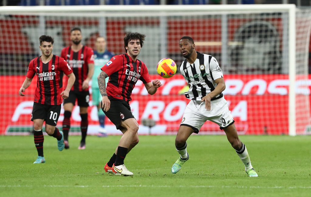 MILAN, ITALY - FEBRUARY 25: Sandro Tonali of AC Milan and Beto of Udinese Calcio look on during the Serie A match between AC Milan and Udinese Calcio at Stadio Giuseppe Meazza on February 25, 2022 in Milan, Italy. (Photo by Marco Luzzani/Getty Images)