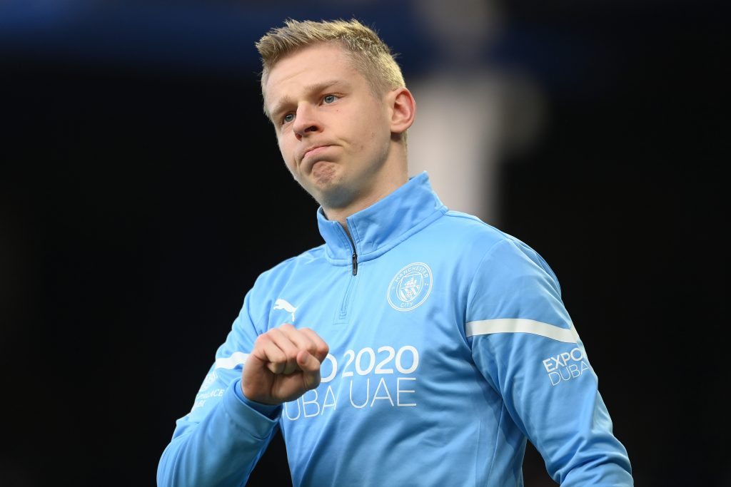 LIVERPOOL, ENGLAND - FEBRUARY 26: Oleksandr Zinchenko of Manchester City acknowledges the fans during the warm up prior to the Premier League match between Everton and Manchester City at Goodison Park on February 26, 2022 in Liverpool, England. (Photo by Michael Regan/Getty Images)