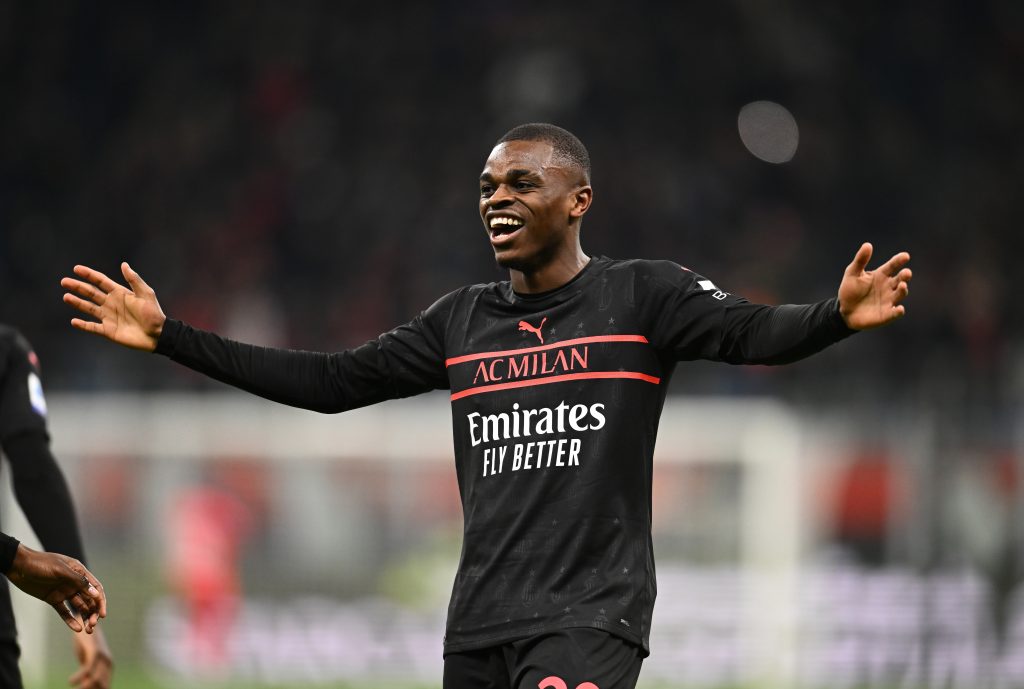 MILAN, ITALY - MARCH 12: Pierre Kalulu of AC Milan celebrates after scoring the opening goal during the Serie A match between AC Milan and Empoli FC at Stadio Giuseppe Meazza on March 12, 2022 in Milan, Italy. (Photo by Claudio Villa/AC Milan via Getty Images)