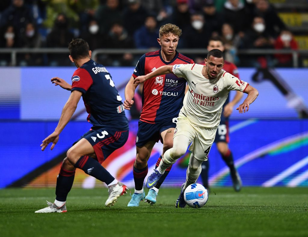 CAGLIARI, ITALY - MARCH 19: Ismael Bennacer of AC Milan in action during the Serie A match between Cagliari Calcio and AC Milan at Sardegna Arena on March 19, 2022 in Cagliari, Italy. (Photo by Claudio Villa/AC Milan via Getty Images)