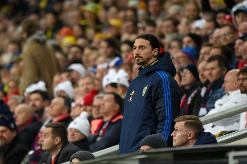 SOLNA, SWEDEN - MARCH 24: Zlatan Ibrahimovic of Sweden looks on from the bench during the 2022 FIFA World Cup Qualifier knockout round play-off match between Sweden and Czech Republic at Friends Arena on March 24, 2022 in Solna, Sweden. (Photo by David Lidstrom/Getty Images)