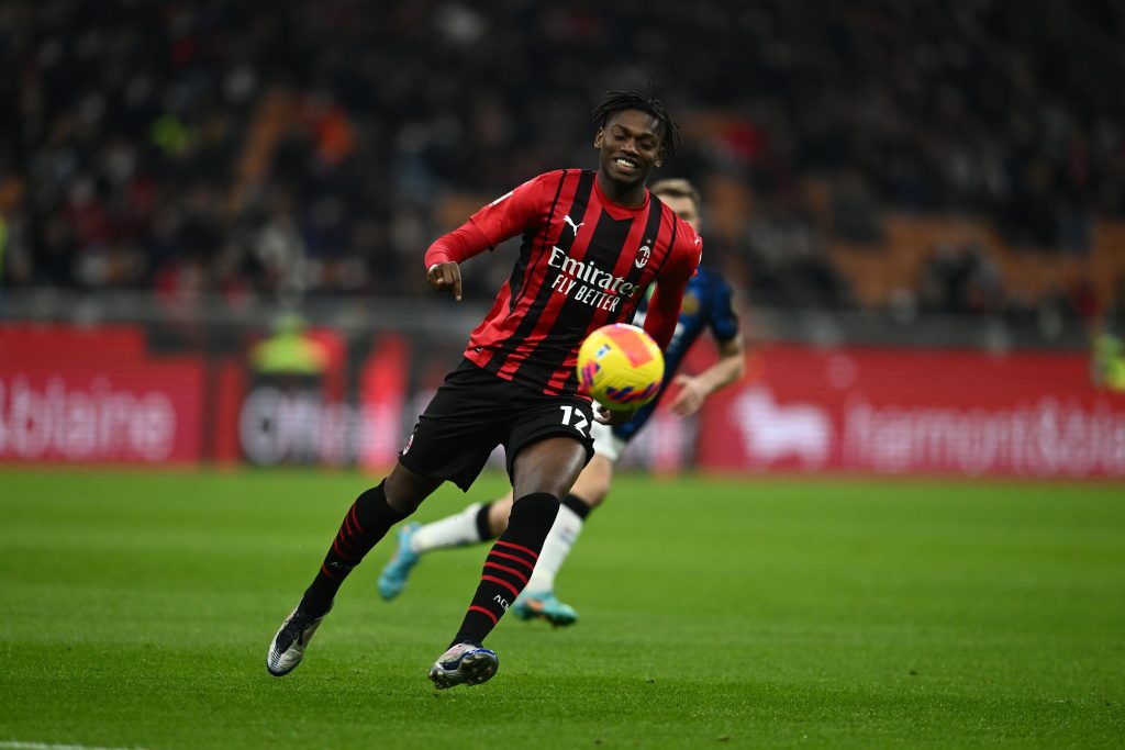 MILAN, ITALY - MARCH 01: Rafael Leao of AC Milan in action during the Coppa Italia Semi Final 1st Leg match between AC Milan and FC Internazionale at Stadio Giuseppe Meazza on March 01, 2022 in Milan, Italy. (Photo by Claudio Villa/AC Milan via Getty Images)