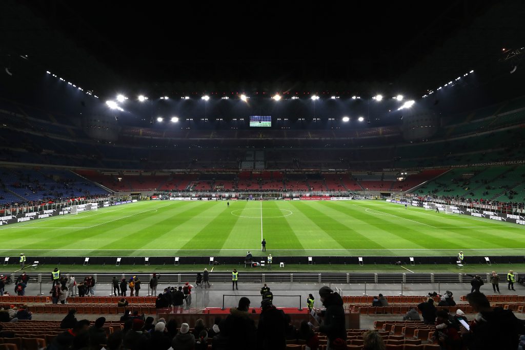 MILAN, ITALY - MARCH 12: General view inside the stadium prior to the Serie A match between AC Milan and Empoli FC at Stadio Giuseppe Meazza on March 12, 2022 in Milan, Italy. (Photo by Marco Luzzani/Getty Images)