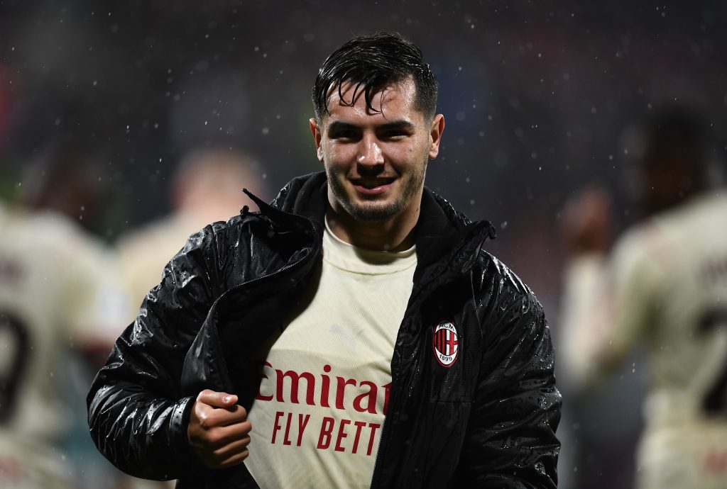 CAGLIARI, ITALY - MARCH 19: Brahim Diaz of AC Milan celebrates the win at the end of the Serie A match between Cagliari Calcio and AC Milan at Sardegna Arena on March 19, 2022 in Cagliari, Italy. (Photo by Claudio Villa/AC Milan via Getty Images)