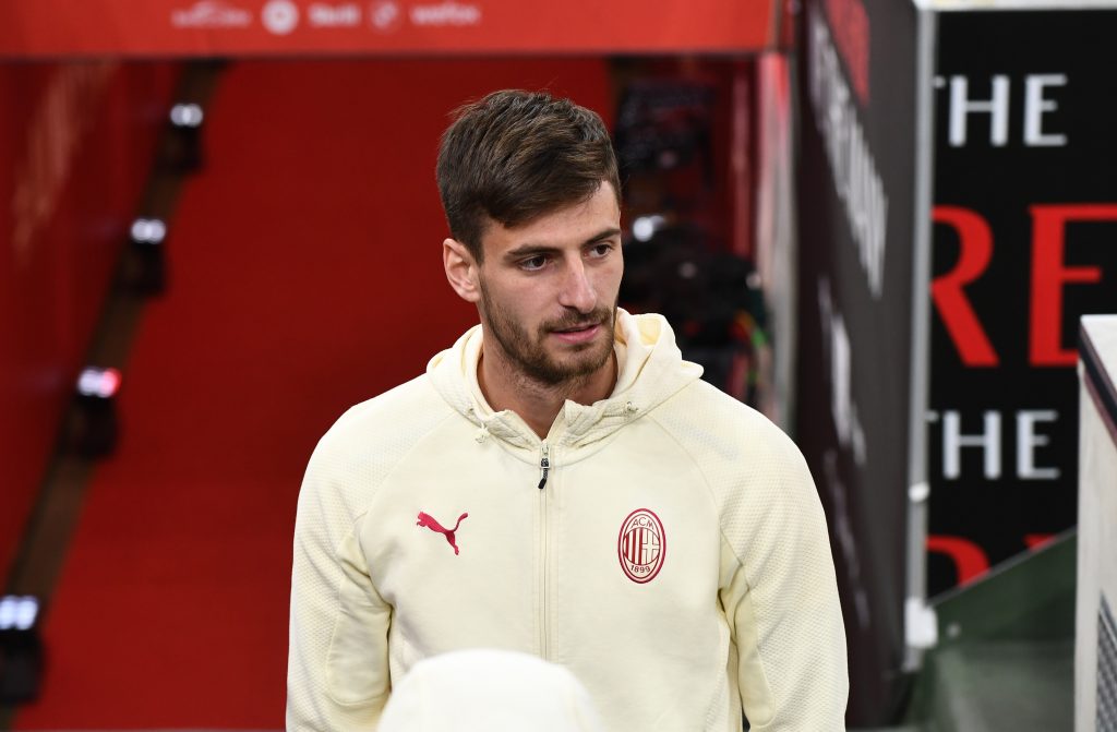 MILAN, ITALY - MARCH 12: Matteo Gabbia of AC Milan arrives before the Serie A match between AC Milan and Empoli FC at Stadio Giuseppe Meazza on March 12, 2022 in Milan, Italy. (Photo by Claudio Villa/AC Milan via Getty Images)