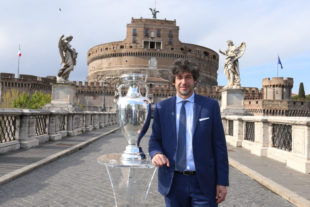 ROME, ITALY - APRIL 20: Former Italian football player Demetrio Albertini poses with the Trophy at Castel Sant’Angelo during the UEFA Euro 2020 Trophy Tour of Rome on April 20, 2021 in Rome, Italy. (Photo by Paolo Bruno/Getty Images)