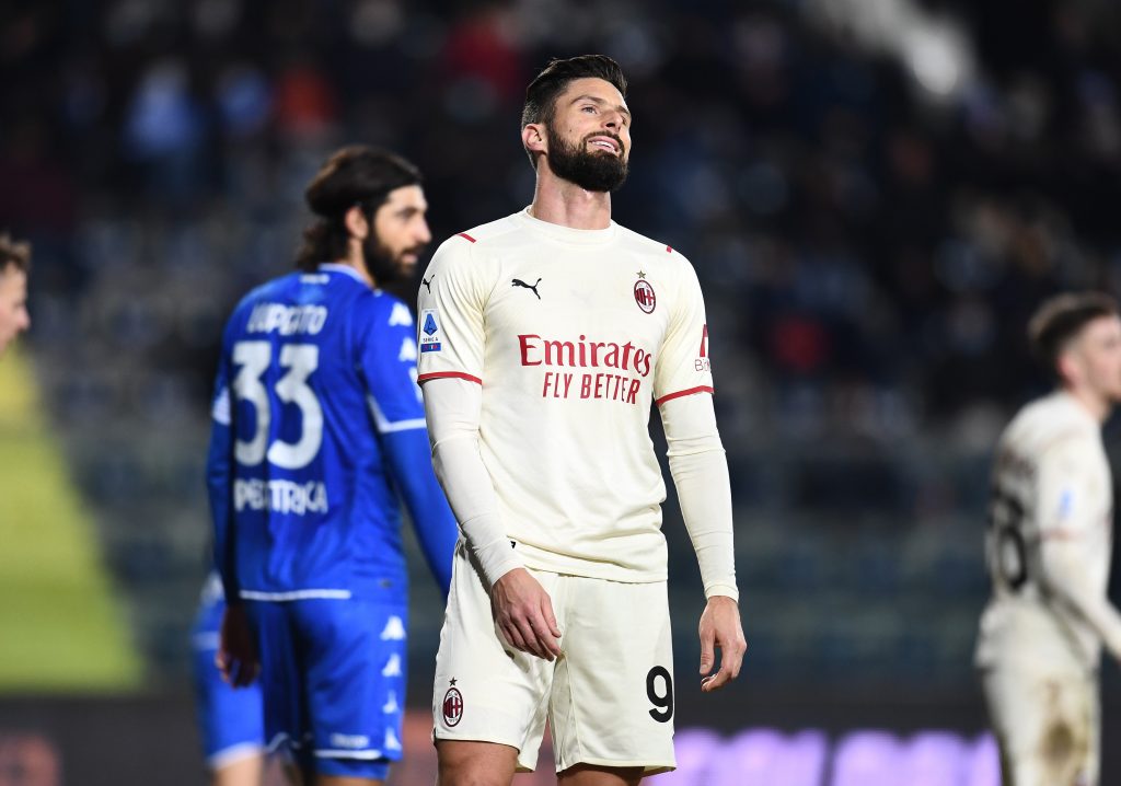 EMPOLI, ITALY - DECEMBER 22: Olivier Giroud of AC Milan reacts during the Serie A match between Empoli FC and AC Milan at Stadio Carlo Castellani on December 22, 2021 in Empoli, Italy. (Photo by Claudio Villa/AC Milan via Getty Images)