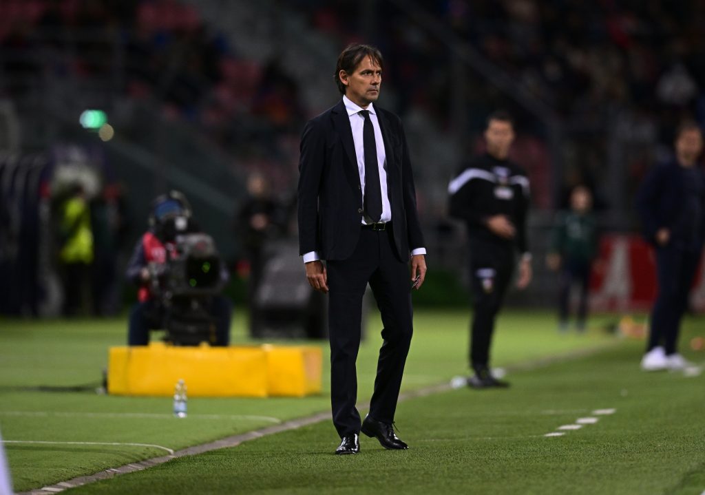 BOLOGNA, ITALY - APRIL 27: Head coach of FC Internazionale Simone Inzaghi reacts during the Serie A match between Bologna FC and Udinese Calcio at Stadio Renato Dall'Ara on April 27, 2022 in Bologna, Italy. (Photo by Mattia Ozbot - Inter/Inter via Getty Images)