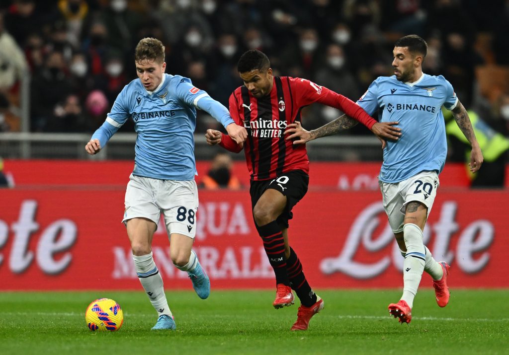 MILAN, ITALY - FEBRUARY 09: Junior Walter Messias of AC Milan in action during the Coppa Italia match between AC Milan ac SS Lazio at Stadio Giuseppe Meazza on February 09, 2022 in Milan, Italy. (Photo by Claudio Villa/AC Milan via Getty Images)
