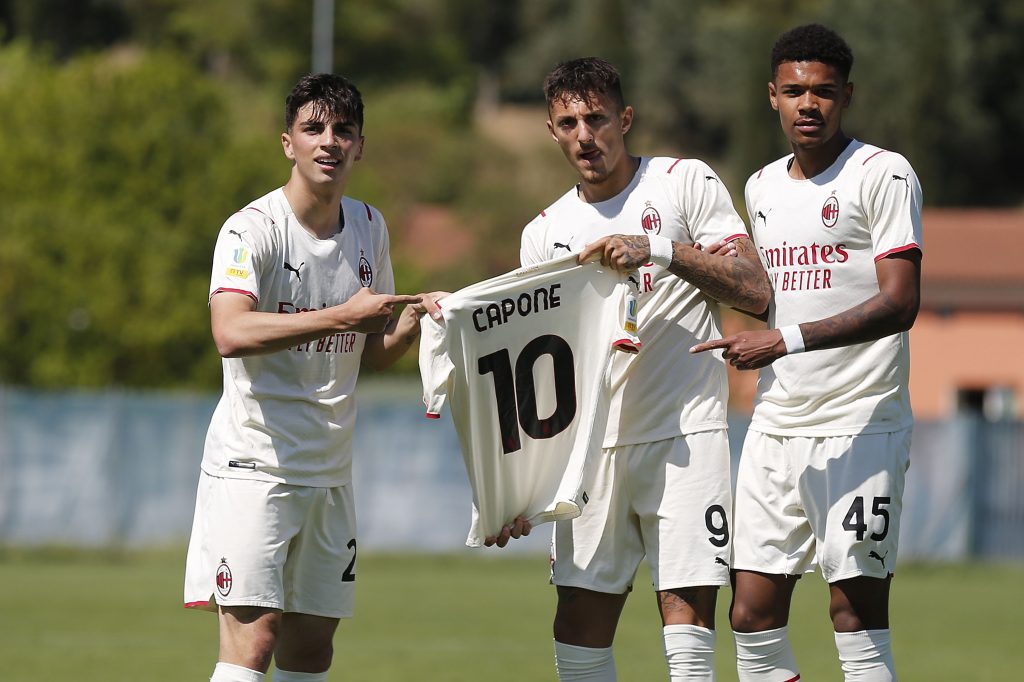 EMPOLI, ITALY - APRIL 29: Antonio Gala of AC Milan U19 celebrates after scoring a goal with his teammate Marco Nasti of AC Milan U19 and Emiln Pakebba Joof Roback of AC Milan U19 during the Primavera 1 match between AC Milan U19 and Empoli FC U19 at Stadio Comunale Petroio on April 29, 2022 in Empoli, Italy. (Photo by AC Milan/AC Milan via Getty Images)