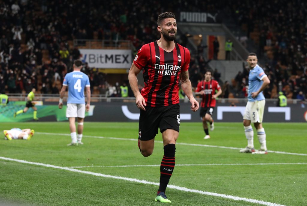 MILAN, ITALY - FEBRUARY 09: Olivier Giroud of AC Milan celebrates his second goal during the Coppa Italia match between AC Milan ac SS Lazio at Stadio Giuseppe Meazza on February 09, 2022 in Milan, Italy. (Photo by Marco Luzzani/Getty Images)
