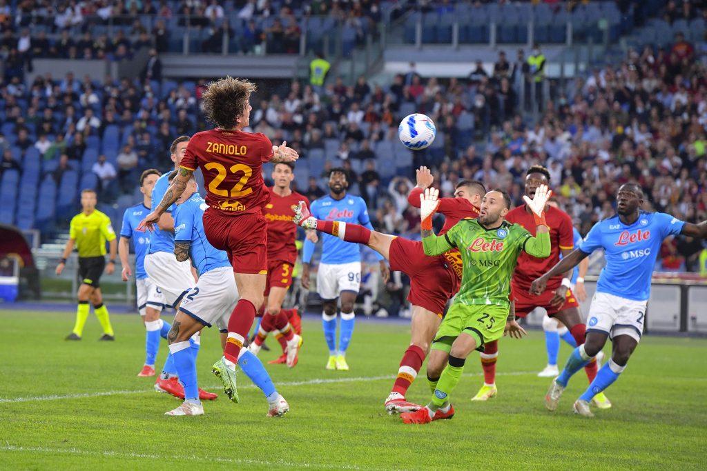 ROME, ITALY - OCTOBER 24: Nicolò Zaniolo of AS Roma fails a goal during the Serie A match between AS Roma and SSC Napoli at Stadio Olimpico on October 24, 2021 in Rome, Italy. (Photo by Fabio Rossi/AS Roma via Getty Images)