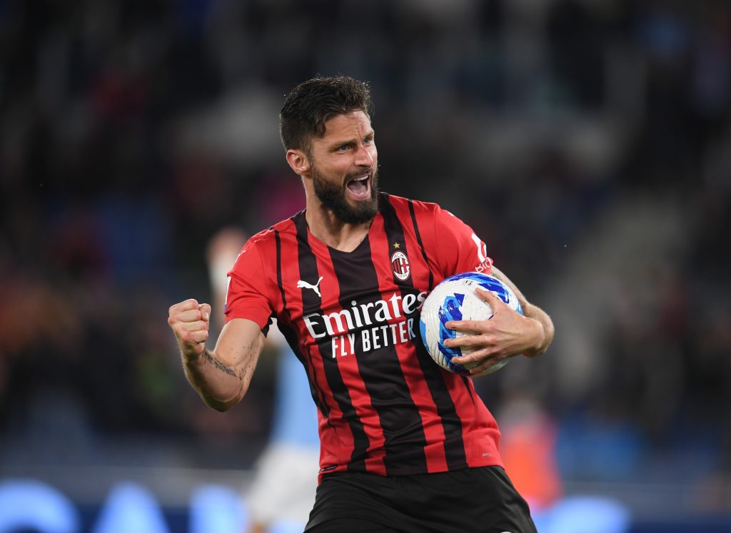ROME, ITALY - APRIL 24: Olivier Giroud of AC Milan celebrates after scoring the goal during the Serie A match between SS Lazio and AC Milan at Stadio Olimpico on April 24, 2022 in Rome, Italy. (Photo by Claudio Villa/AC Milan via Getty Images)