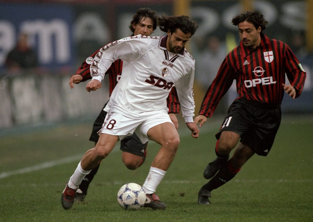 12 Dec 1999: Gianluigi Lentini of Torino is closed down by the AC Milan defence during the Italian Serie A match played at the San Siro in Milan, Italy. The game finished in a 2-0 win for Milan. Mandatory Credit: Claudio Villa /Allsport