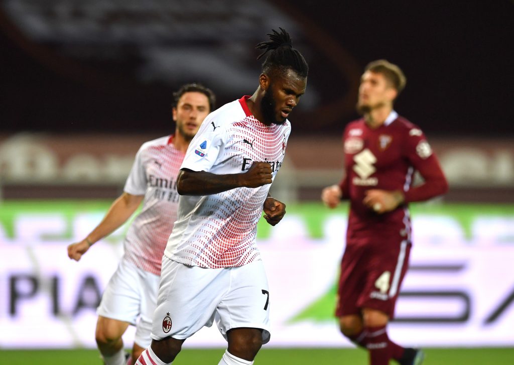 TURIN, ITALY - MAY 12: Franck Kessie of A.C. Milan celebrates after scoring their sides second goal during the Serie A match between Torino FC and AC Milan at Stadio Olimpico di Torino on May 12, 2021 in Turin, Italy. Sporting stadiums around Italy remain under strict restrictions due to the Coronavirus Pandemic as Government social distancing laws prohibit fans inside venues resulting in games being played behind closed doors. (Photo by Valerio Pennicino/Getty Images)