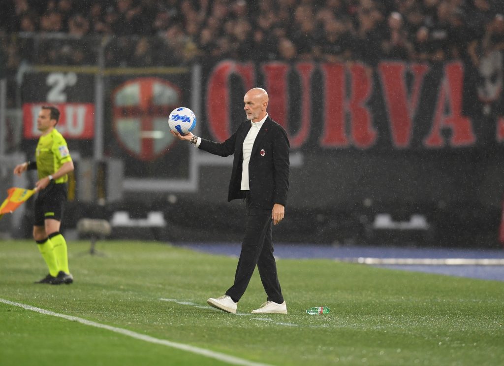 ROME, ITALY - APRIL 24: Head coach of AC Milan Stefano Pioli reacts during the Serie A match between SS Lazio and AC Milan at Stadio Olimpico on April 24, 2022 in Rome, Italy. (Photo by Claudio Villa/AC Milan via Getty Images)