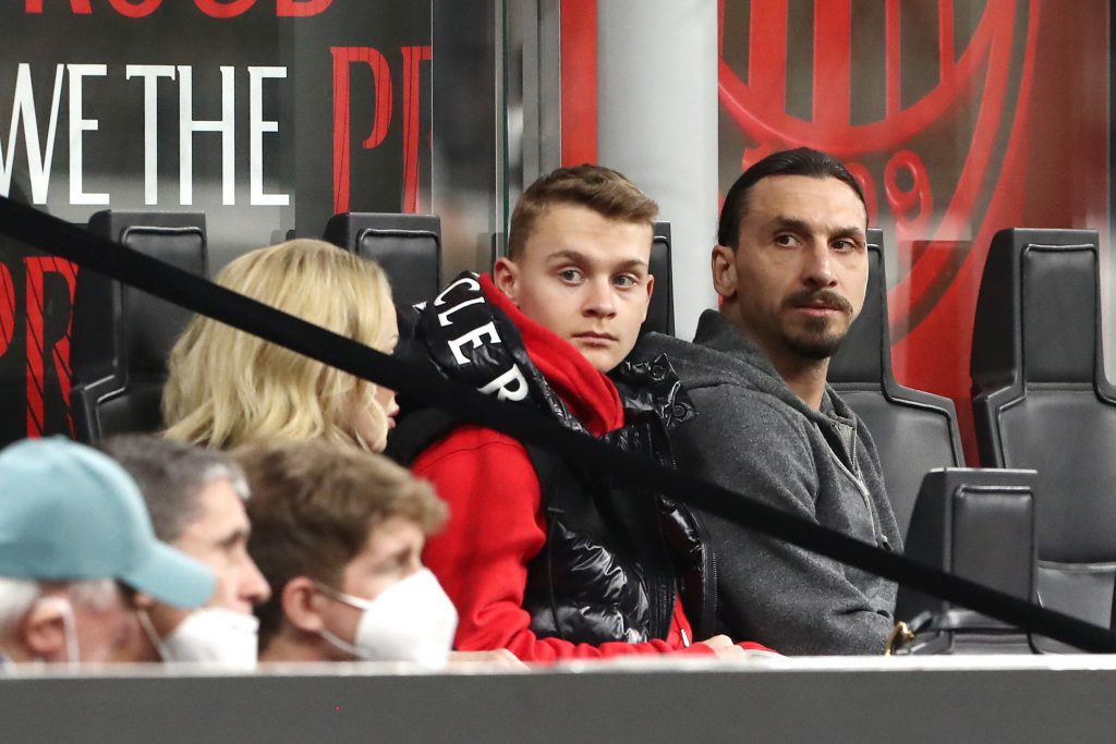 MILAN, ITALY - APRIL 15: Zlatan Ibrahimovic of AC Milan looks on from the stands during the Serie A match between AC Milan and Genoa CFC at Stadio Giuseppe Meazza on April 15, 2022 in Milan, Italy. (Photo by Marco Luzzani/Getty Images)