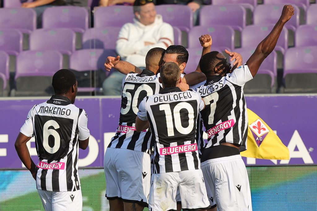 FLORENCE, ITALY - APRIL 27: Pablo Mari' of Udinese Calcio celebrates after scoring a goal during the Serie A match between ACF Fiorentina and Udinese Calcio at Stadio Artemio Franchi on April 27, 2022 in Florence, Italy. (Photo by Gabriele Maltinti/Getty Images)