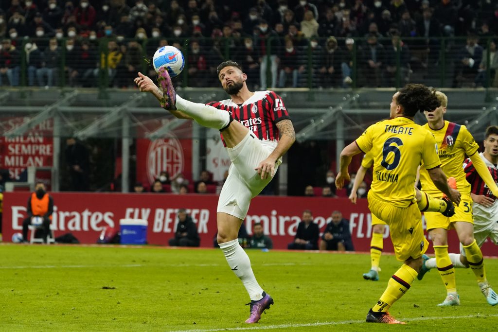MILAN, ITALY - APRIL 04: Olivier Giroud of AC Milan kicks the ball during the Serie A match between AC Milan and Bologna FC at Stadio Giuseppe Meazza on April 04, 2022 in Milan, Italy. (Photo by Pier Marco Tacca/AC Milan via Getty Images)