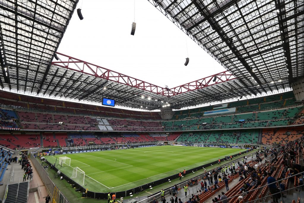 MILAN, ITALY - APRIL 19: A general view of the inside of the Giuseppe Meazza Stadium prior to kick off of the Coppa Italia Semi Final 2nd Leg match between FC Internazionale v AC Milan at Giuseppe Meazza Stadium on April 19, 2022 in Milan, Italy. (Photo by Marco Luzzani/Getty Images)