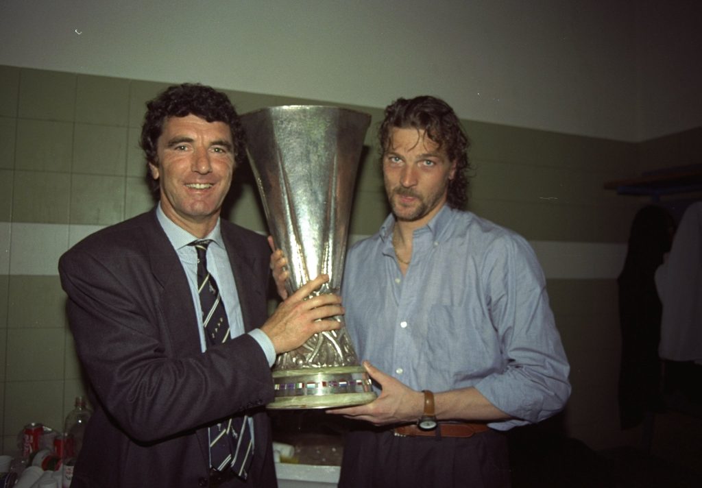 16 May 1990: Dino Zoff (left) Juventus team coach and Stefano Tacconi (right) Captain of Juventus hold the UEFA Cup after the Final second leg match against Florentina in Avellino, Italy. The match ended in a 0-0 draw but Juventus won 3-1 on aggregate. Mandatory Credit: Simon Bruty/Allsport