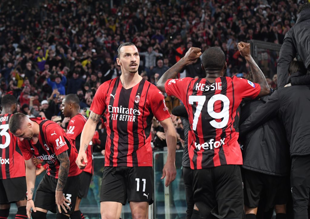 ROME, ITALY - APRIL 24: Zlatan Ibrahimovic of AC Milan celebrates the win at the end of the Serie A match between SS Lazio and AC Milan at Stadio Olimpico on April 24, 2022 in Rome, Italy. (Photo by Claudio Villa/AC Milan via Getty Images)
