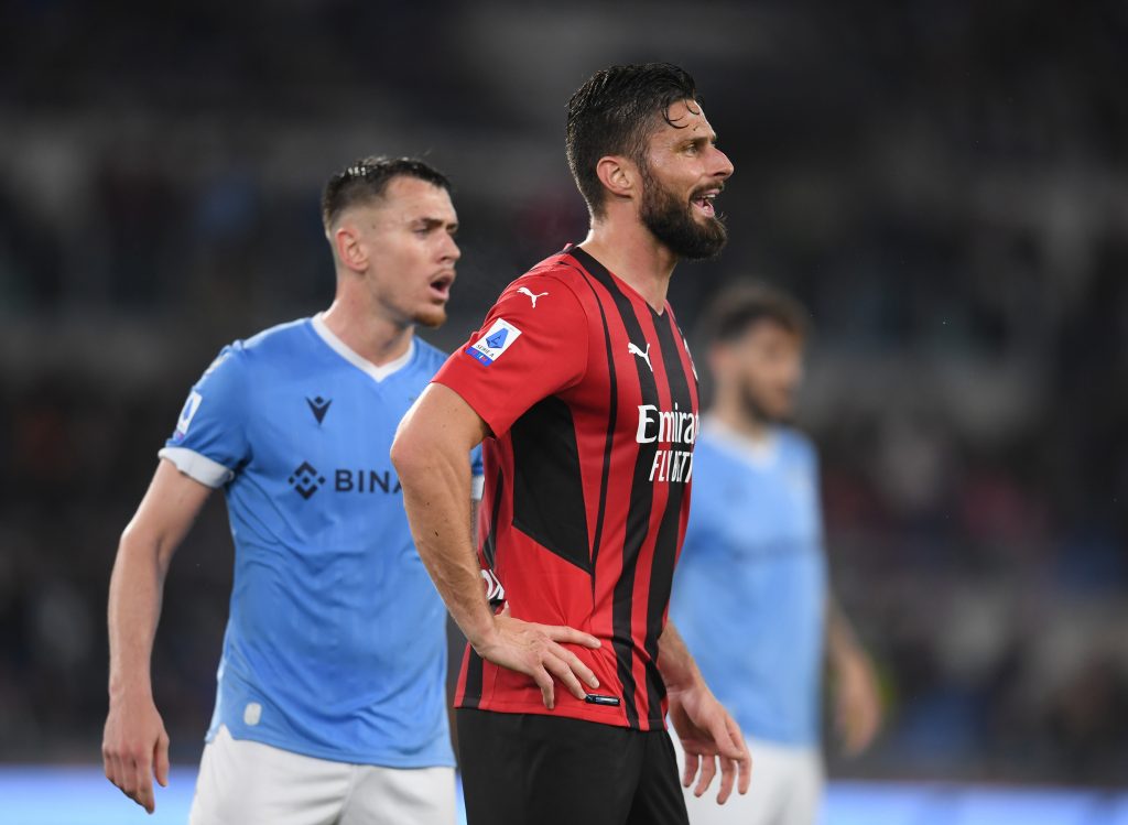 ROME, ITALY - APRIL 24: Olivier Giroud of AC Milan reacts during the Serie A match between SS Lazio and AC Milan at Stadio Olimpico on April 24, 2022 in Rome, Italy. (Photo by Claudio Villa/AC Milan via Getty Images)
