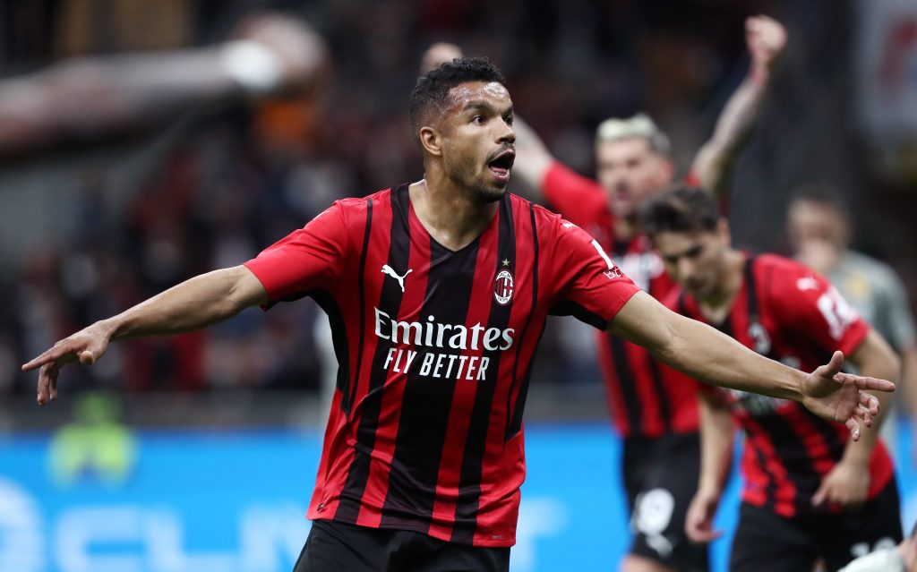 MILAN, ITALY - APRIL 15: Junior Messias of AC Milan celebrates after scoring their team's second goal during the Serie A match between AC Milan and Genoa CFC at Stadio Giuseppe Meazza on April 15, 2022 in Milan, Italy. (Photo by Marco Luzzani/Getty Images)