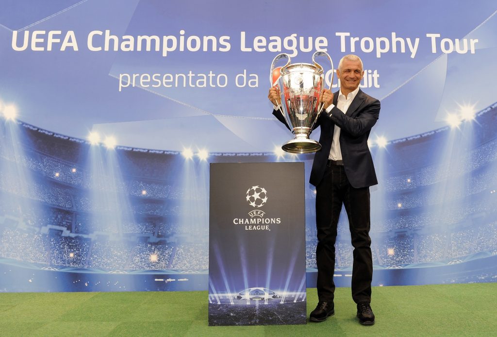 BOLOGNA, ITALY - SEPTEMBER 28: Fabrizio Ravanelli poses during the UEFA Champions League Trophy Tour 2012/13 on September 28, 2012 in Bologna, Italy. (Photo by Claudio Villa/Getty Images for UEFA)