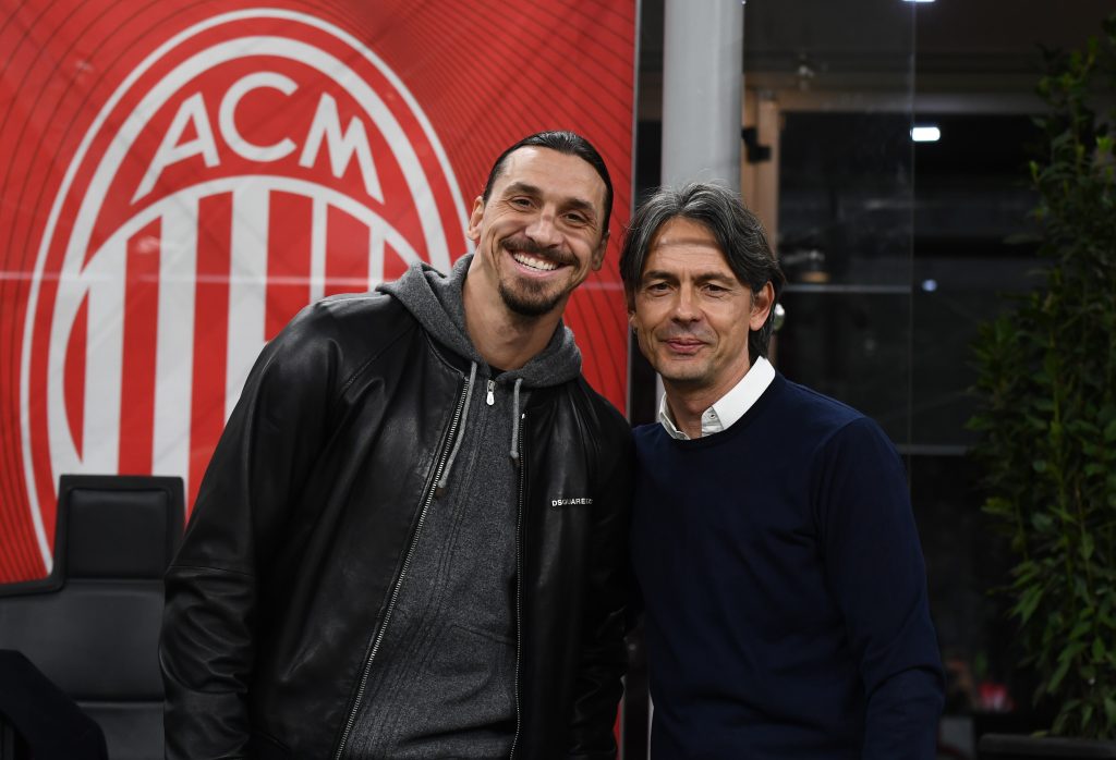 MILAN, ITALY - APRIL 15: Zlatan Ibrahimovic of AC Milan and Filippo Inzaghi attend before the Serie A match between AC Milan and Genoa CFC at Stadio Giuseppe Meazza on April 15, 2022 in Milan, Italy. (Photo by AC Milan/AC Milan via Getty Images)