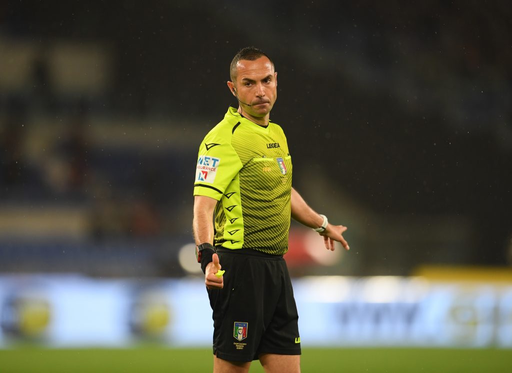 ROME, ITALY - APRIL 24: Referee reactsduring the Serie A match between SS Lazio and AC Milan at Stadio Olimpico on April 24, 2022 in Rome, Italy. (Photo by Claudio Villa/AC Milan via Getty Images)