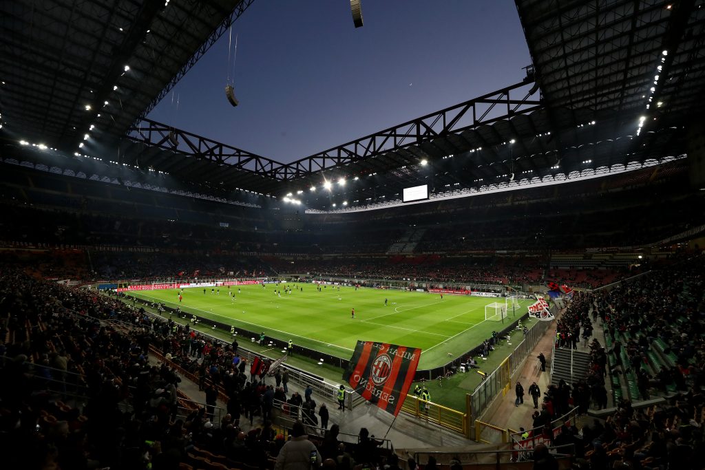 MILAN, ITALY - APRIL 04: A general view inside the stadium prior to the Serie A match between AC Milan and Bologna FC at Stadio Giuseppe Meazza on April 04, 2022 in Milan, Italy. (Photo by Marco Luzzani/Getty Images)