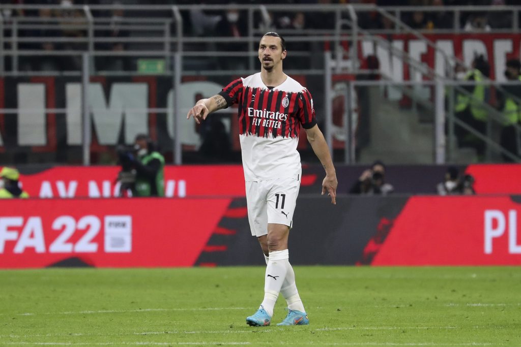 MILAN, ITALY - APRIL 04: Zlatan Ibrahimovic of AC Milan gestures during the Serie A match between AC Milan and Bologna FC at Stadio Giuseppe Meazza on April 04, 2022 in Milan, Italy. (Photo by AC Milan/AC Milan via Getty Images)