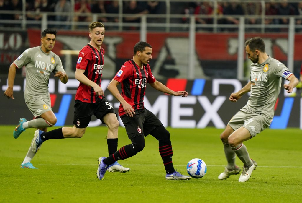 MILAN, ITALY - APRIL 15: Ismael Bennacer of AC Milan in action during the Serie A match between AC Milan and Genoa CFC at Stadio Giuseppe Meazza on April 15, 2022 in Milan, Italy. (Photo by Pier Marco Tacca/AC Milan via Getty Images)