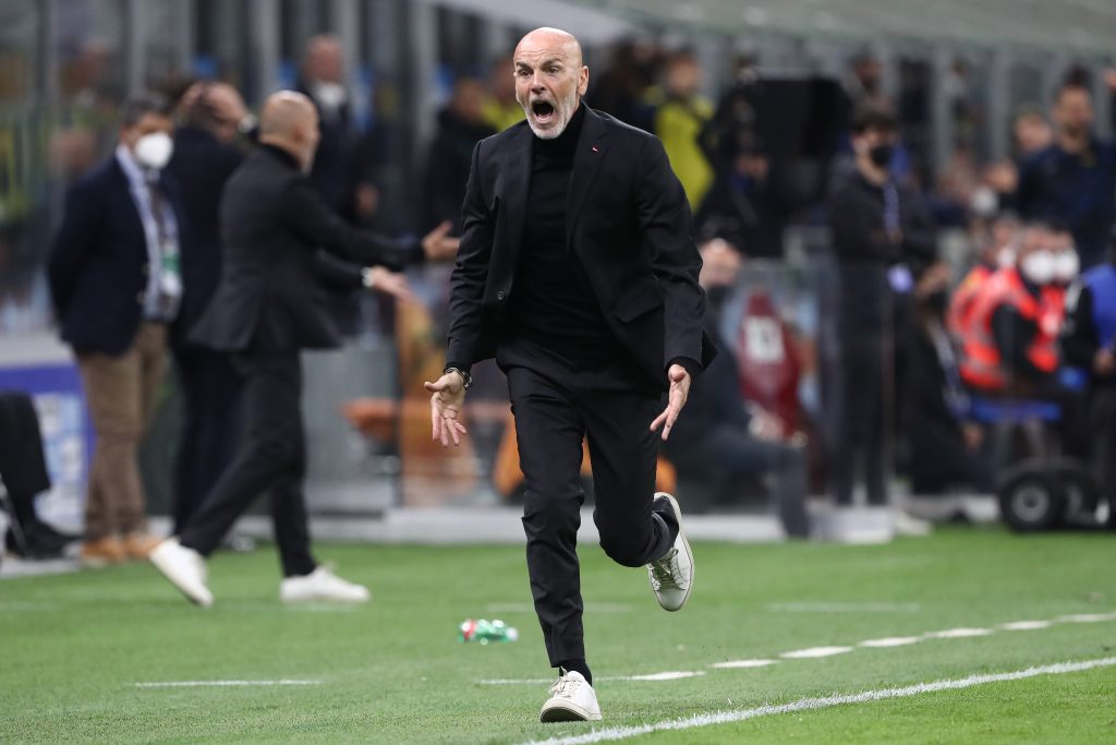 MILAN, ITALY - APRIL 19: Stefano Pioli, Manager of AC Milan, reacts during the Coppa Italia Semi Final 2nd Leg match between FC Internazionale v AC Milan at Giuseppe Meazza Stadium on April 19, 2022 in Milan, Italy. (Photo by Marco Luzzani/Getty Images)